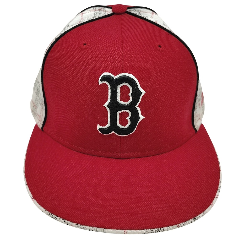 New Era Boston Red Sox Hat Mens 7 1/2 Red 59FIFTY Fitted Plaid Script Print Wool